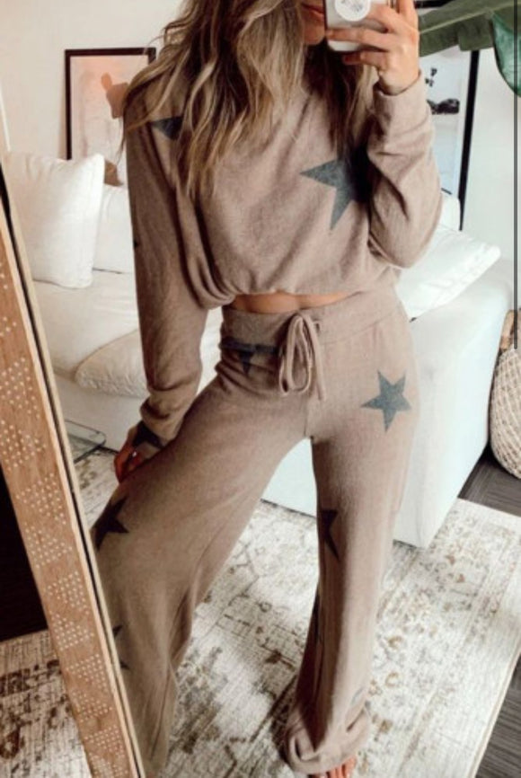 Khaki Retro Star Print Loose Long Sleeve Drawstring Wide Leg
