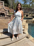 Sky Blue Floral Print Ruffled One Shoulder Maxi Dress