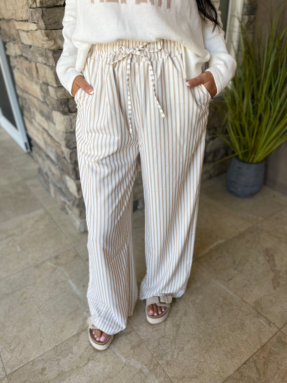 Khaki Striped Wide Leg Drawstring Pants