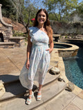 Sky Blue Floral Print Ruffled One Shoulder Maxi Dress