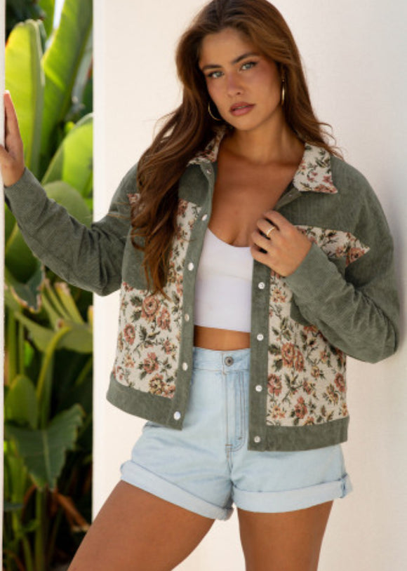 Sage Green Ribbed Retro Floral Patchwork Shirt Style Jacket