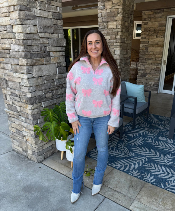 Gray Bow Sherpa Quarter Zip Sweatshirt
