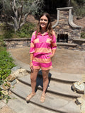 Pink/Orange Seam Detail Half Zip Tee Casual Shorts 2pcs Set