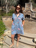 Denim Floral Print Short Sleeve Button Down Dress