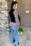 Black Contrast Floral Sleeve Peplum Sweater