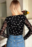 Black Heart Shape Mesh Patchwork Square Neck Bodysuit