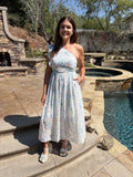 Sky Blue Floral Print Ruffled One Shoulder Maxi Dress