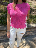 Hot Pink Pointelle Knit Patterned Scalloped Trim Short Sleeve Sweater