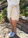 Cream Tassel Trim Wrap Knot Side Bohemian Style Mini Skort