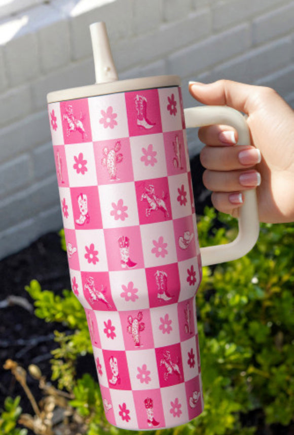 Rose Red Western Pattern Flower Checkered Print Insulated Tumbler 40OZ