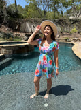 Blue Tropical Print V Neck Semi Sheer Beach Cover Up Dress