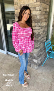 Pink Plaid Smocked Blouse