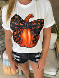 White Halloween Bowknot Pumpkin Graphic Tee