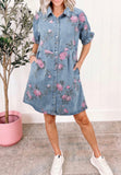 Denim Floral Print Short Sleeve Button Down Dress