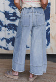 Beau Blue Drawstring Seam Detail Raw Hem Wide Leg Denim Pants