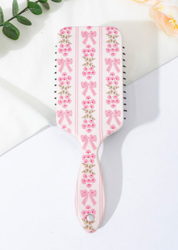 Pink Floral Bow Print Long Handle Air Cushion Hair Brush