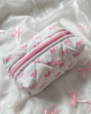 Pink Bow Knot Quilted Zipper Makeup Bag