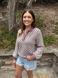 Brown Checkered Half Button Knit Sweater