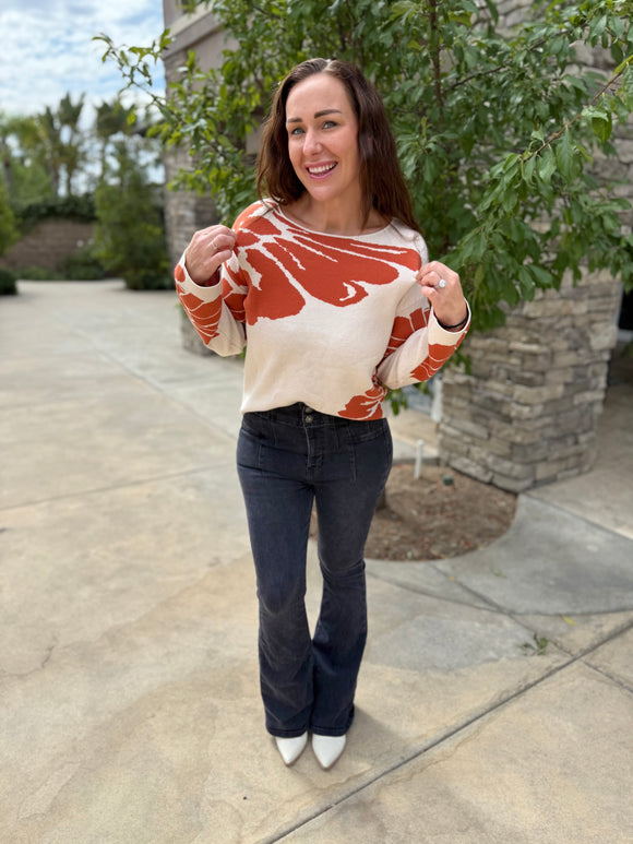 Burnt Orange Bold flower Wide Sleeve Sweater