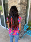 Rose Red Floral Print Smocked Ruffle Trim Flutter Sleeve Blouse