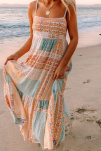 Multicolor Boho Patchwork Print Square Neck Sundress