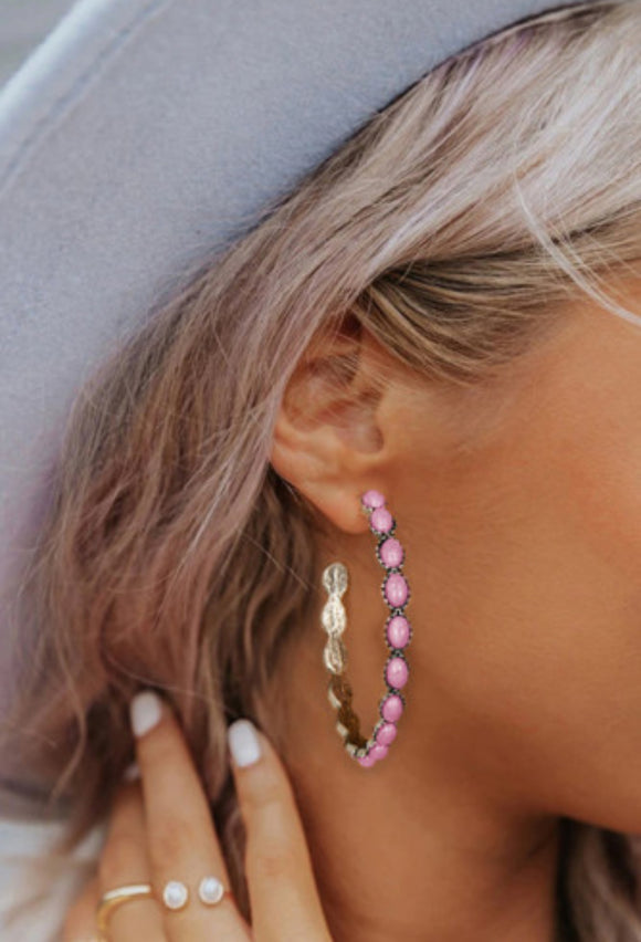 Pink Gem Inlay Retro C-shape Earrings