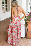 Pink Floral Backless Halter Dress