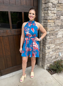 Blue Floral Sleeveless Mini Dress